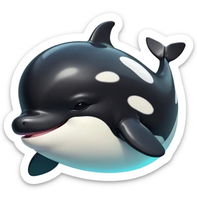 Meme-Worthy Cute Sleeping orca Portrait Emoji, Head resting peacefully with a contented smile, showcasing a smooth black-and-white body with gently drooping fins and eyes softly closed in serene slumber, Simplified yet adorably endearing features, highly detailed, glowing with a soft, drowsy deep-sea light, high shine, relaxed and utterly lovable, stylized with an air of playful oceanic laziness, soft glowing outline, capturing the essence of a sleeping orca that feels destined to become the next viral icon of adorable marine rest! sticker