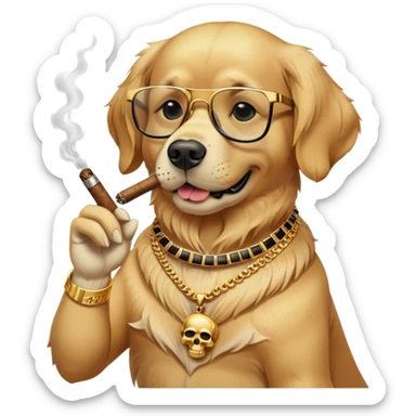A golden retreiver that wearing heavy gold neckless with the skull medal and pair of black eyeglasses oo his eyes and a rolex whatch on his arm while smoking a cigar sticker