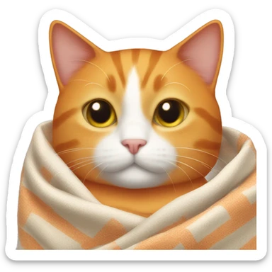 Orange cat with a small white spot on its chest wrapped in a blanket. sticker