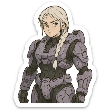 female, wearing reach spartan armor default, long white braid hair, gold yellow eyes, attention pose, halo series, no helmet, the armor is lavender color scheme, shoulder pad off. DDD bust size fitting. Punk gothic cyberpunk sticker