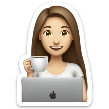 smiling woman with middle brown straight long hair and pale skin behind a laptop enjoying sipping coffee from a mug sticker