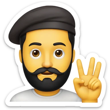 rounded yellow emoji face, black beard, side-facing mouth, one eyebrow raised, hand making a 'no' gesture sticker