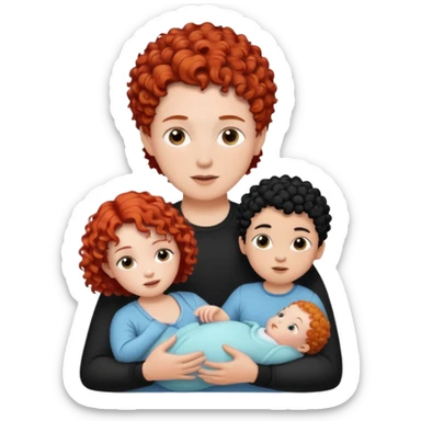 Create a picture of a family of three: a white woman with short, curly red hair, a white man with black hair, and a white baby girl with curly black hair. sticker