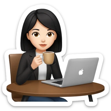 laptop and coffee are on the table. coffee is not on the laptop. the girl with medium-length black hair is drinking coffee. sticker
