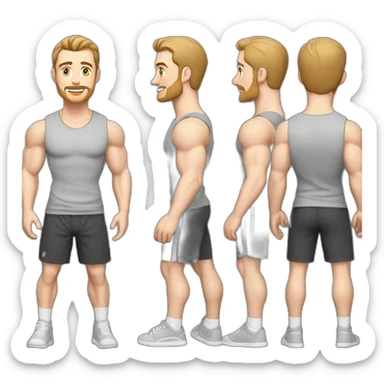 Full height Pale skinned fit man With biceps, Realistic eyes and mouth, light brown hair and stubble In dark gray sleeveless mike, black oversize sports shorts, watch and white sneakers. sticker