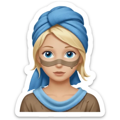 White girl with blonde hair and blue eyes in spa wearing a hair towel with a mud mask on her face sticker
