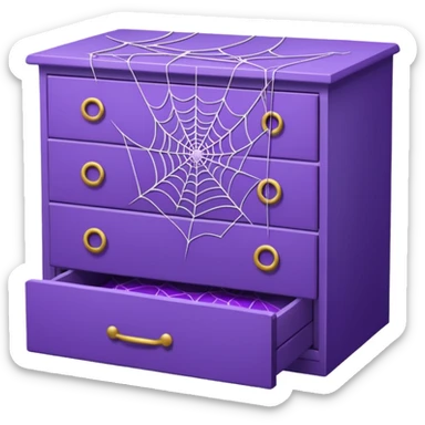 purple spider webs on an open drawer with dusted stuff sticker