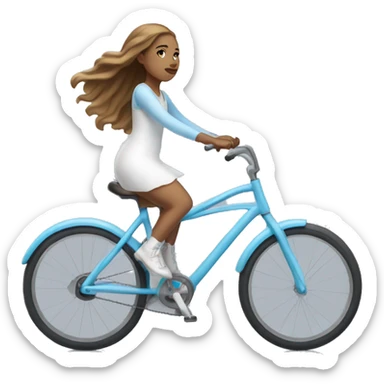 Girl riding very light blue bike, she is wearing white dress, she has long light brown hair and light skin sticker