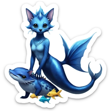 Epic complex abyssal fantasy divine glorious detailed dark dusky gloomy deep gothic gloomy cobalt-blue-abyss-blue-black-greyish, realistic Fakémon-Sprigatito-Floragato-Meowscarada-Vaporeon-Salandit-Trico-Sergal-Serval-Vernid-creature (full body) with mermaid-ears, tail fin, shiny sparkly, abyssal sticker