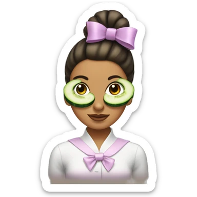 Girl with slick back bun cucumbers over her eyes and a bow sticker