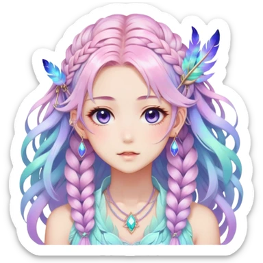 Beautiful gorgeous anime lady with beautiful iridescent-nebula-braided-hair, fashion aesthetic, ethereal, fairycore, pastelcore, feathers sticker