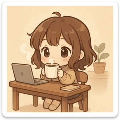 chibi girl sitting at her desk, sipping coffee, cute and cozy, chibi style sticker