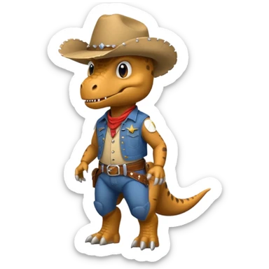 trex dinosaor with cowboy helmet with cowbot clothes sticker