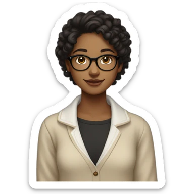 smiling dark skin indian teenage girl with black curly hair and glasses wearing a collared long sleeve white shirt under a beige v shaped collar sweatervest with no buttons sticker