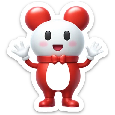 Very shiny full body character with pill capsule head with puffy body and welcoming waving Mickey Mouse arms braun Japanese inspired Anpanman with big boots and antennae red and white colors only sticker