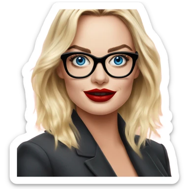 Margot Robbie, bright blue eyes, red kisses, wearing black glasses  sticker