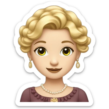 A cute girl with golden hair, soft features, green eyes, and fair skin. She smiles and wears a Coco Chanel dress. sticker