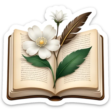 Icon for Poetry Reading: an open book with flowing, elegant verses on the pages, surrounded by a quill, an ink bottle, and a delicate flower. The icon should evoke the beauty and emotion of poetry. Transparent background. sticker