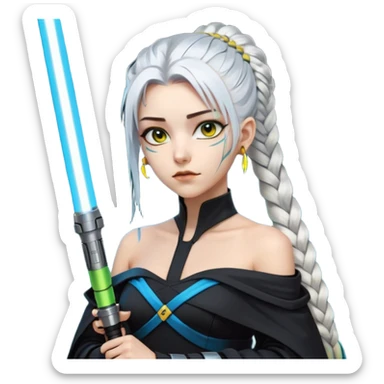  a closeup portrait of young woman with gold yellow eyes, white hair, long braid, black off-shoulder top, punk gothic style, futuristic cyberwave cyberpunk,  jedi attire and posture robes of a padawan, foreweilding a bright blue-green lightsaber sticker