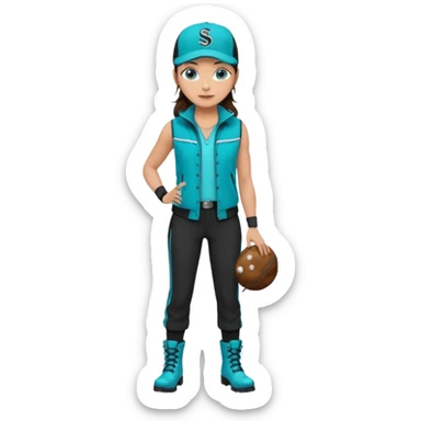 A landscaper in a beautiful turquoise jacket and turquoise boots, black pants, and a black sleeveless shirt. On his head is a black Swissotel baseball cap. The girl is a brunette with blue eyes. sticker