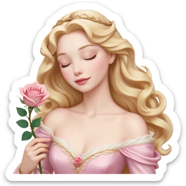 Cinematic Realistic Sleeping Beauty (Aurora) Portrait, with porcelain-like skin featuring a natural rosy flush, illuminated by soft lighting that highlights the gentle contours of her face. Her golden blonde hair flows in soft, detailed waves with subtle highlights that shimmer in the light. Her deep violet-blue eyes radiate warmth and innocence, framed by arched brows and long lashes. With a soft, serene smile, she holds a delicate rose gently in one hand, her other hand resting lightly by her side. She is dressed in her classic pink gown, the fabric rich in texture with delicate folds that catch the light. A golden crown rests atop her head, gleaming with royal refinement. The portrait captures a soft, glowing aura, blending realism with an ethereal sense of beauty and timeless enchantment. sticker