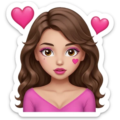 girl with long wavy brown hair, brown eyes, long lashes makeup, sexy pink lips, light to medium complexion, wearing a pink sexy top, sexy , puckering, blushing, kissing a heart sexy sticker