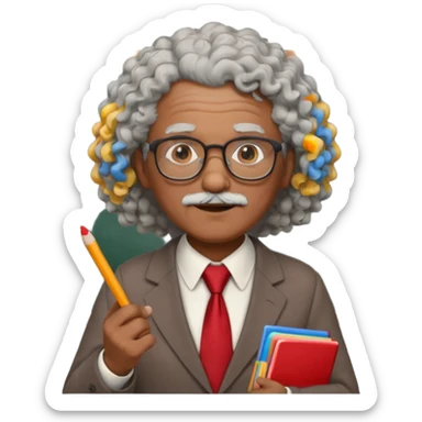 old man teacher, brown skin, curly grey white hai, wearing glasses, brown suit, red tie hold chalk on hand sticker