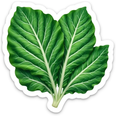 single chard leaf with broad vibrant green blades and thick white rib running down the center, slightly crinkled matte texture, natural curves, visible veins, no bunch soil or extras, soft lighting, subtle shadows, emoji scale sticker