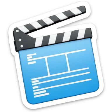 ultra simplified movie clapper with blue and white colors, two simple rectangles with a diagonal line sticker