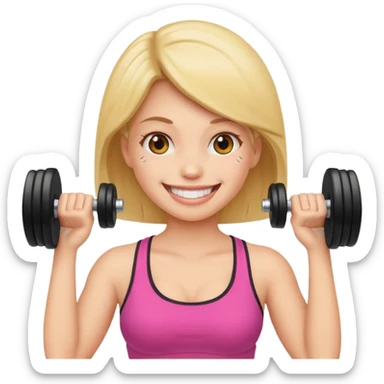 woman holding dumbbell in one hand and face roller in another, smiling, emoji style sticker