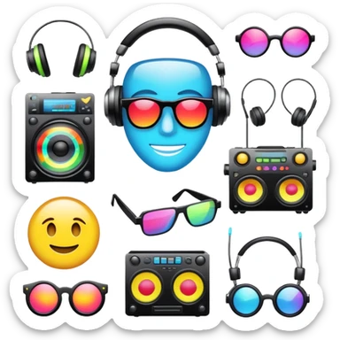 Create a unique emoji pack inspired by electronic music culture. Include emojis representing various subgenres like techno, house, drum and bass, trance, rave fashion sticker