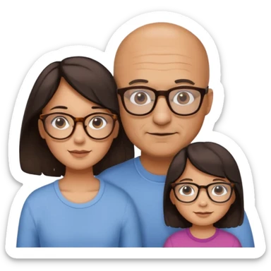 Papà calvo con occhiali, mamma capelli neri occhi marroni no occhiali, figlia capelli marroni mossi e occhiali tartarugati con montatura spessa occhi marroni, figlia capelli lisci marroni occhiali neri con montatura grande e fina occhi marroni  sticker