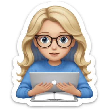 blonde girl with long dark blonde wavy hair, blue big eyes, pantos-style glasses, a brown sweater, sitting and looking in laptop, soft pastel, upper body shot sticker