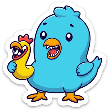 bulging eyes, unhinged grin, too many teeth, one eyeball twitching, tongue out sideways, sweating, glitching, peace sign, holding cursed rubber chicken sticker