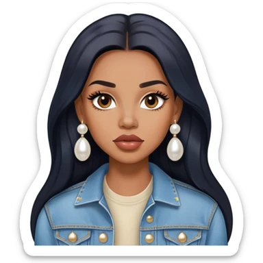 light brown skin tone, very beautiful woman, with big plump lips, long long lashes, black straight long hair, brown eyes, light blue denim jacket, pearl stud earrings sticker