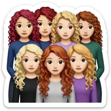 5 girls. The 1st girl has curly read hair. The 2nd girl has dyed blonde hair with brunette roots and she had mid-length hair that is wavy. The 3rd girl has long wavy brunette hair. The 4th girl has mid-length straight brunette hair. The 5th girl has black hair that is mid-length and wavy. sticker