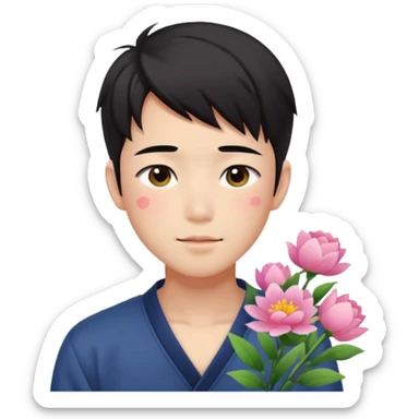 Gorgeous bright sparkly romantic Asian anime style guy with blushing face and flowers aesthetic trending style outside sticker