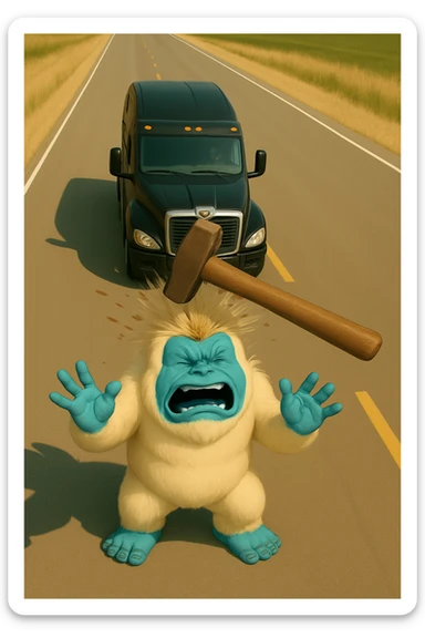 Increase the distance between the truck and the abominable snowman in a light and realistic scene. Show a hammer actively hitting the snowman from a top-down view. No text in the image. sticker