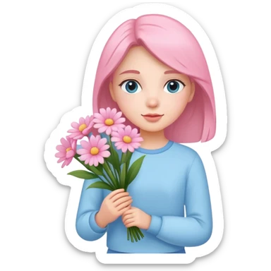 girl wearing pastel blue clothes holding a bouquet of pink flowers sticker