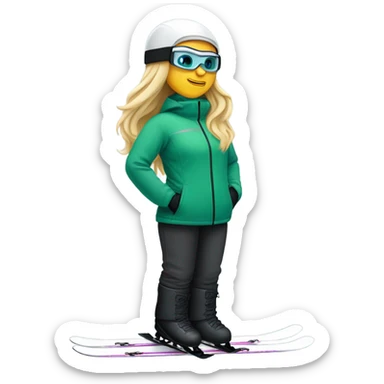 Green-eyed, fat female skier with long straight blonde hair, glasses, white ski helmet, grey snow jacket, long black pants, black only snow boots standing tall. sticker