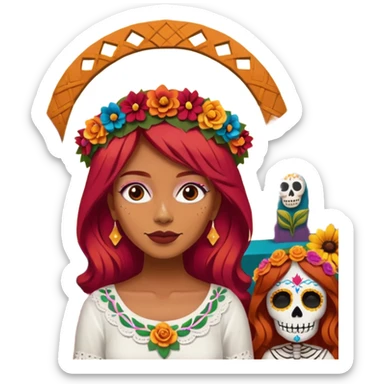 Día de muertos cabello rojo pan de muerto papel picado sticker