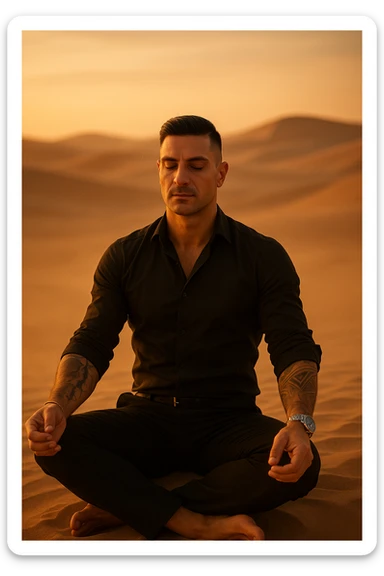 Man meditating alone in the desert at golden hour, sitting in a calm but grounded posture, radiating calm and powerful masculine energy. Minimalist surroundings, soft wind, dust in the air. Peaceful expression, symbolic of self-mastery and inner strength. Cinematic style. sticker