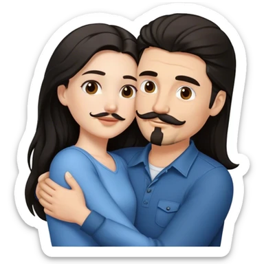 a white girl with long black hair hugging a white guy with brown hair goatee mustache sticker