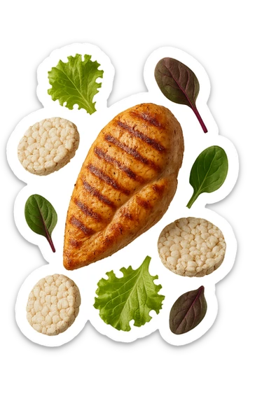 petto di pollo grigliato fluttua in aria insieme a gallette di riso e foglie di insalata, iperrealistico 4k sticker