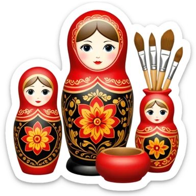 Wood painting icon, process of creating painted wooden matryoshkas (nesting dolls) of various sizes, vase, and small wooden box, visible carving tools, paintbrushes, traditional patterns in bright colors like red, gold, and black, no finished artwork, just the crafting process, minimalistic style, clean lines, transparent background. sticker