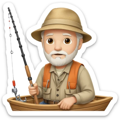 an old white haired, bearded man in fisherman attire, sat in a boat at sea, holding a fishing rod and catching fish with it. sticker