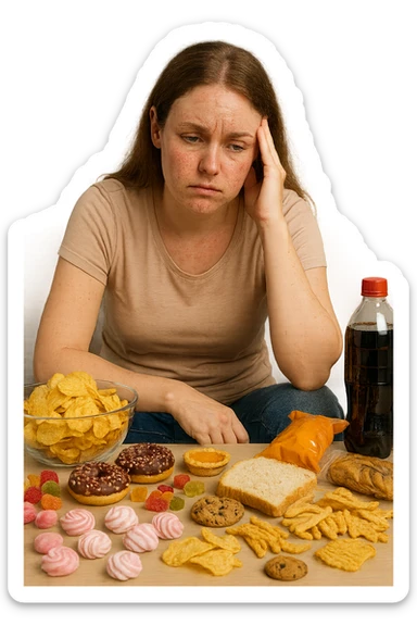 Donna tra i 25 e i 35 anni seduta sul divano o a un tavolo disordinato, circondata da cibi sparsi e poco sani: patatine, dolci, pane bianco, snack confezionati, bibite. con infiammazione e squilibri ormonali sticker