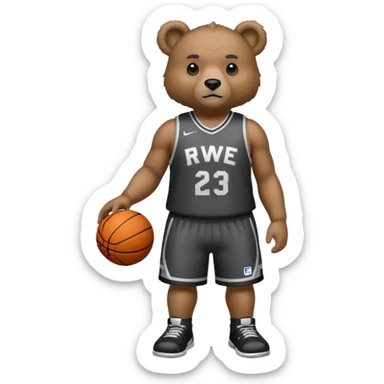 Bear with full body and wearing basketball black and gray jersey that says RWE  sticker