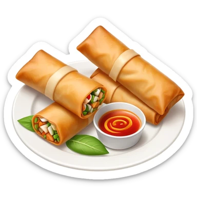 Spring Rolls Cinematic Realistic Spring Rolls Dish Emoji, depicted as 2 perfectly crisp spring rolls served with dipping sauce, rendered with lifelike textures and dynamic, appetizing lighting. sticker