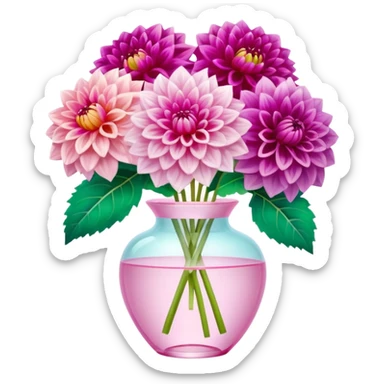 4k quailty, 8000x8000px resolution, hyperrealism, ultra detailed, very full lush Dahlias in bright and vivid colors with blooming petals, in a crystal translucent pale pastel pink vase, with a large 3D bow around vase. Still life, masterpiece  sticker